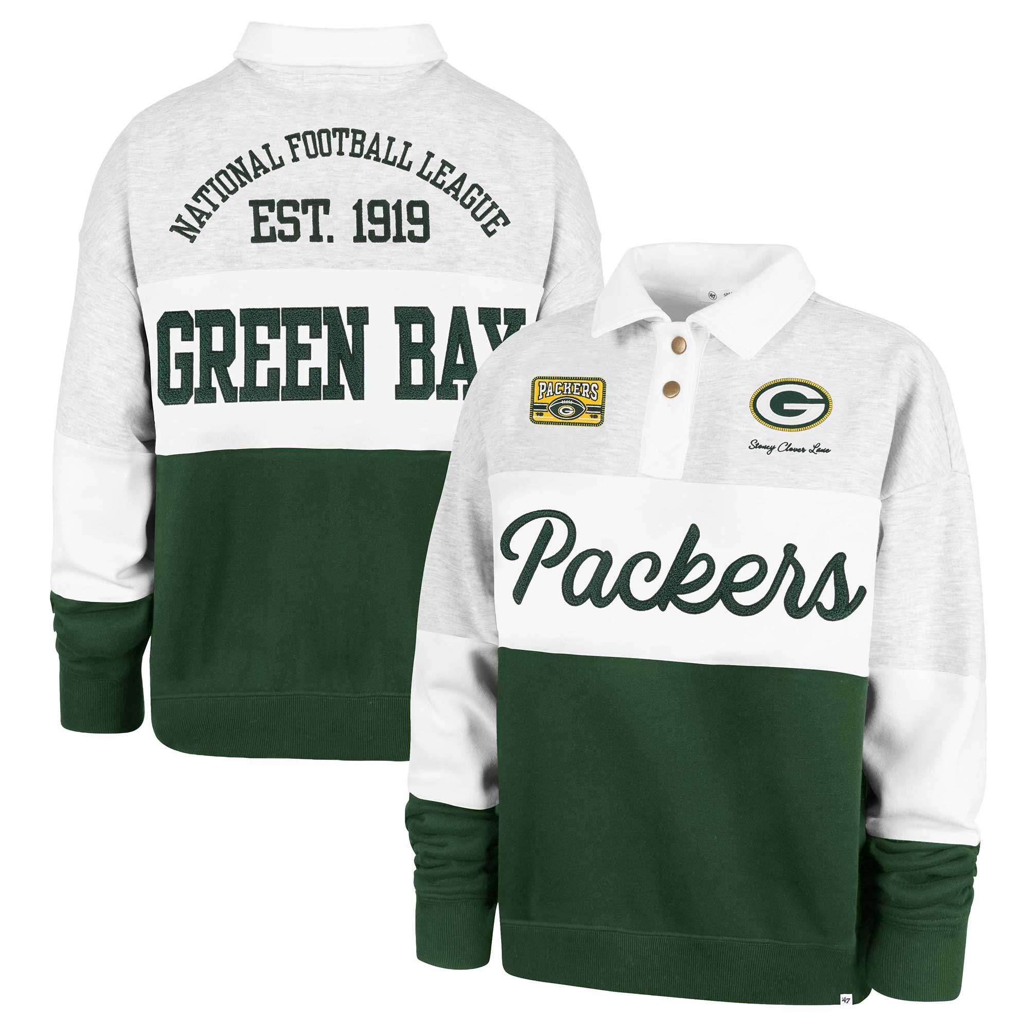 Women's Stoney Clover Lane x '47 Gray/Green Green Bay Packers Cursive Paneled Rugby Fleece Shirt