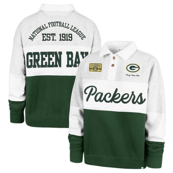 Women's Stoney Clover Lane x '47 Gray/Green Green Bay Packers Cursive Paneled Rugby Fleece Shirt