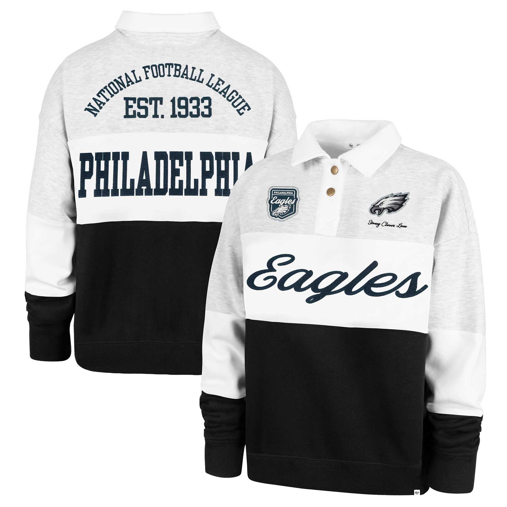 Women's Stoney Clover Lane x '47 Gray/Black Philadelphia Eagles Cursive Paneled Rugby Fleece Shirt