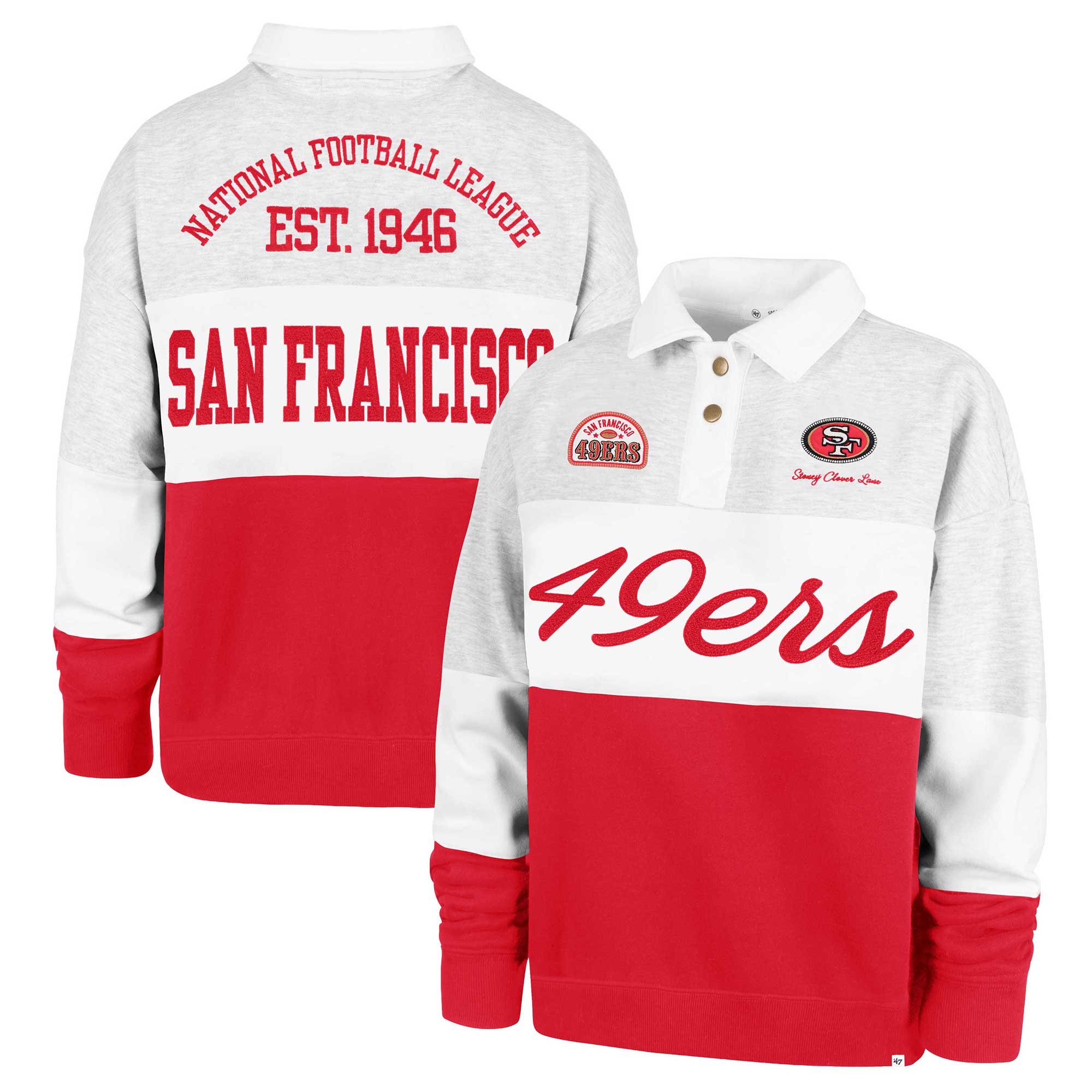 Women's Stoney Clover Lane x '47 Gray/Scarlet San Francisco 49ers Cursive Paneled Rugby Fleece Shirt