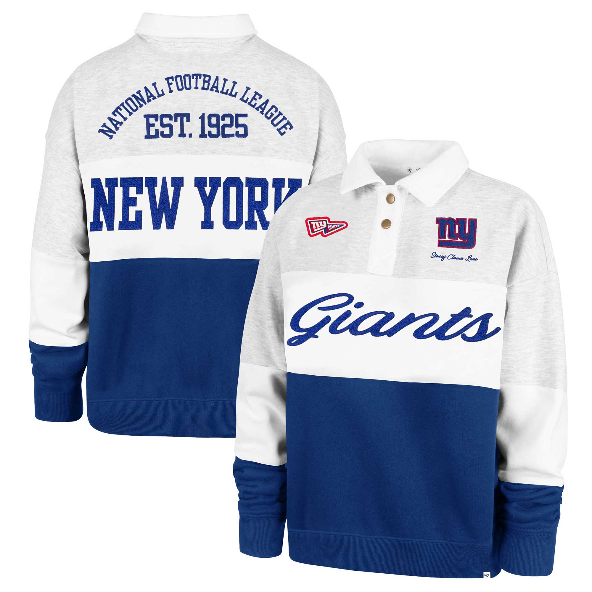 Women's Stoney Clover Lane x '47 Gray/Royal New York Giants Cursive Paneled Rugby Fleece Shirt