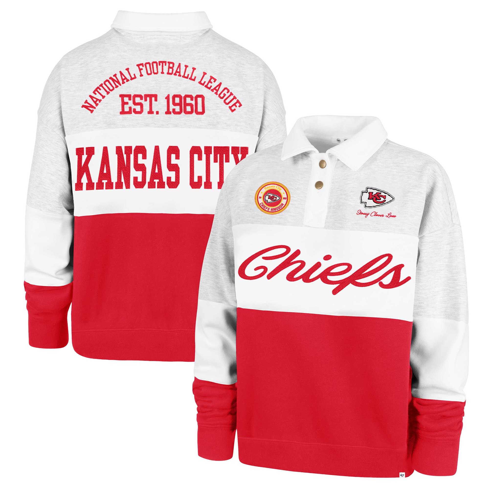 Women's Stoney Clover Lane x '47 Gray/Red Kansas City Chiefs Cursive Paneled Rugby Fleece Shirt