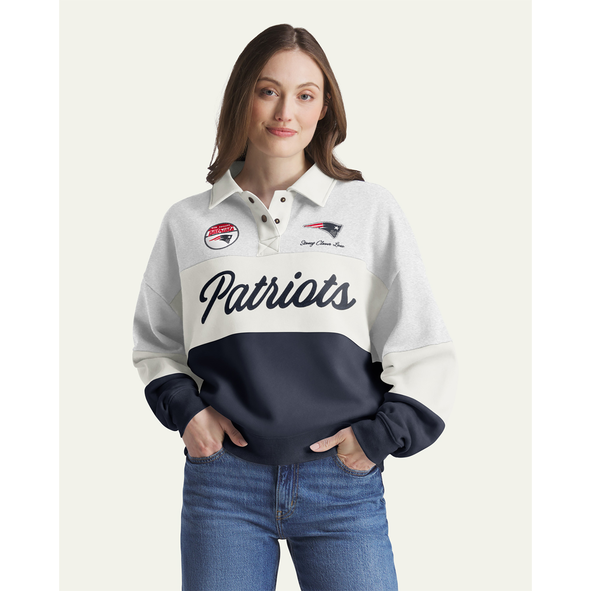 Women's Stoney Clover Lane x '47 Gray/Navy New England Patriots Cursive Paneled Rugby Fleece Shirt