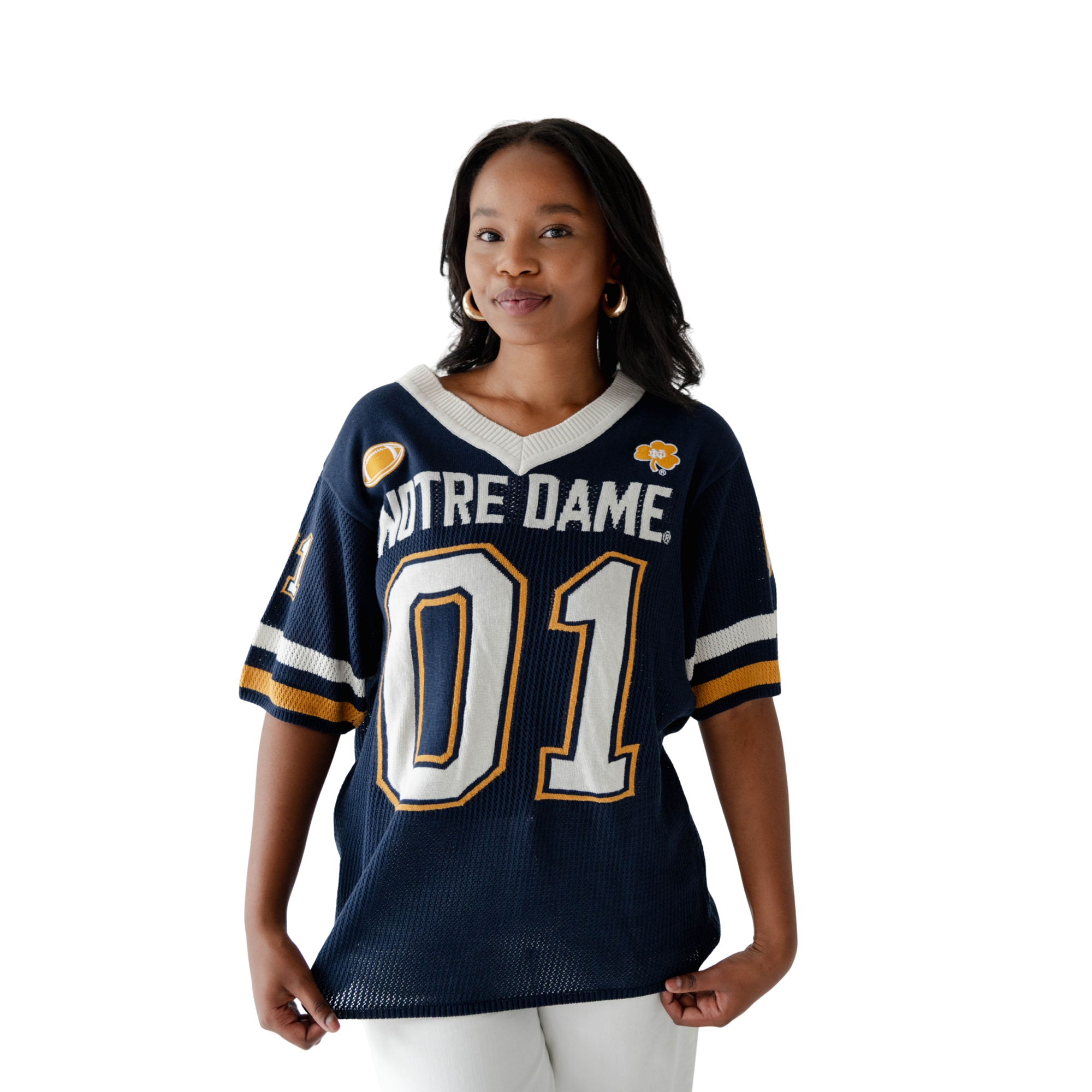 Women’s Gameday Social Navy Notre Dame Fighting Irish Knit Football Jersey Sweater