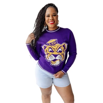 Women's Gameday Social  Purple LSU Tigers Intarsia Mascot Sweater
