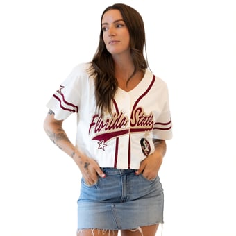 Women's Gameday Social Off White Florida State Seminoles Cropped Patch Baseball Fashion Jersey