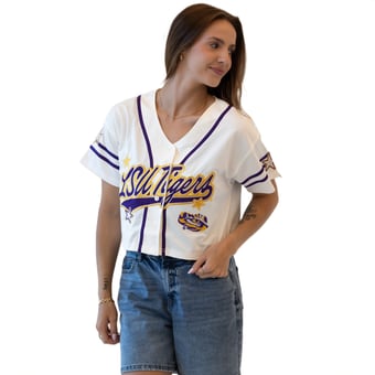 Women's Gameday Social Off White LSU Tigers Cropped Patch Baseball Fashion Jersey