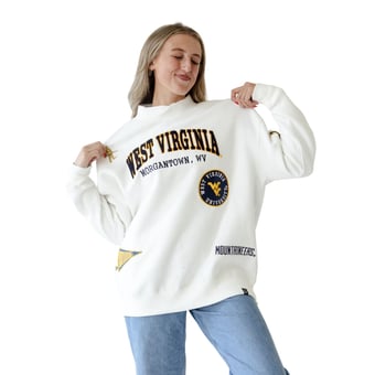 Women's Gameday Social White West Virginia Mountaineers Patch Mockneck Sweatshirt