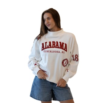 Women's Gameday Social White Alabama Crimson Tide Patch Mockneck Sweatshirt
