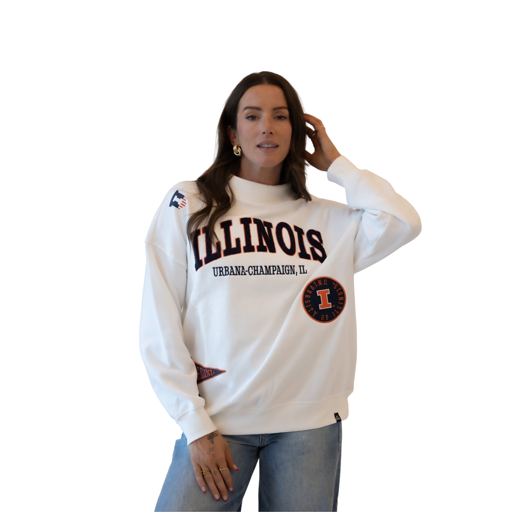 Women's Gameday Social White Illinois Fighting Illini Patch Mockneck Sweatshirt