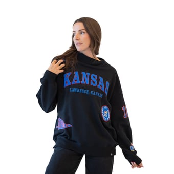 Women's Gameday Social Black Kansas Jayhawks Patch Mockneck Sweatshirt
