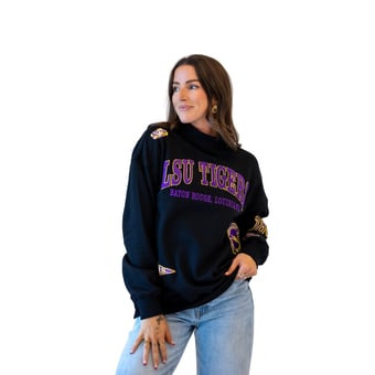 Women's Gameday Social Black LSU Tigers Patch Mockneck Sweatshirt