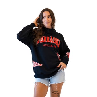 Women's Gameday Social Black Nebraska Huskers Patch Mockneck Sweatshirt