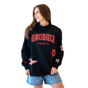 Women's Gameday Social Black Georgia Bulldogs Patch Mockneck Sweatshirt