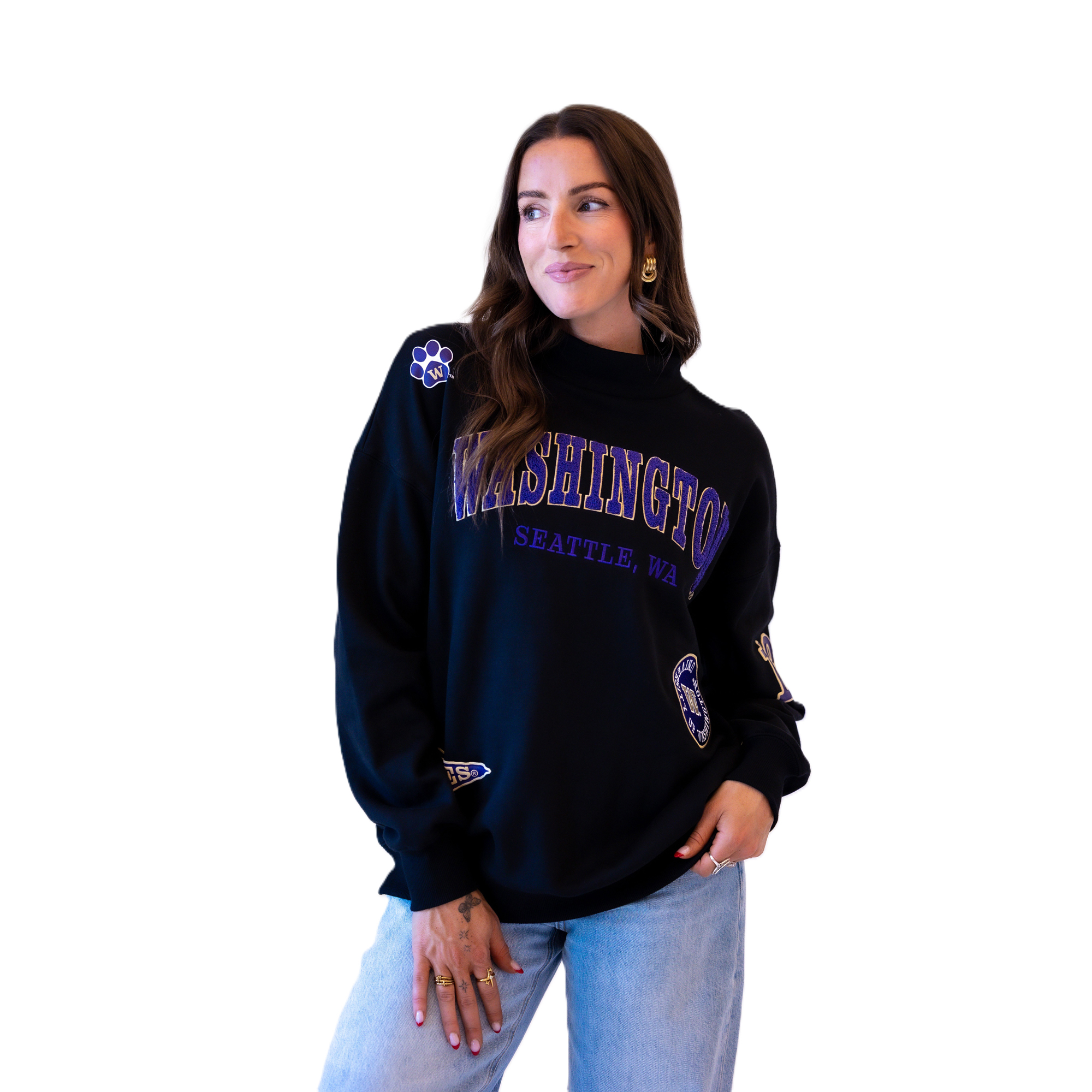 Women's Gameday Social Black Washington Huskies Patch Mockneck Sweatshirt
