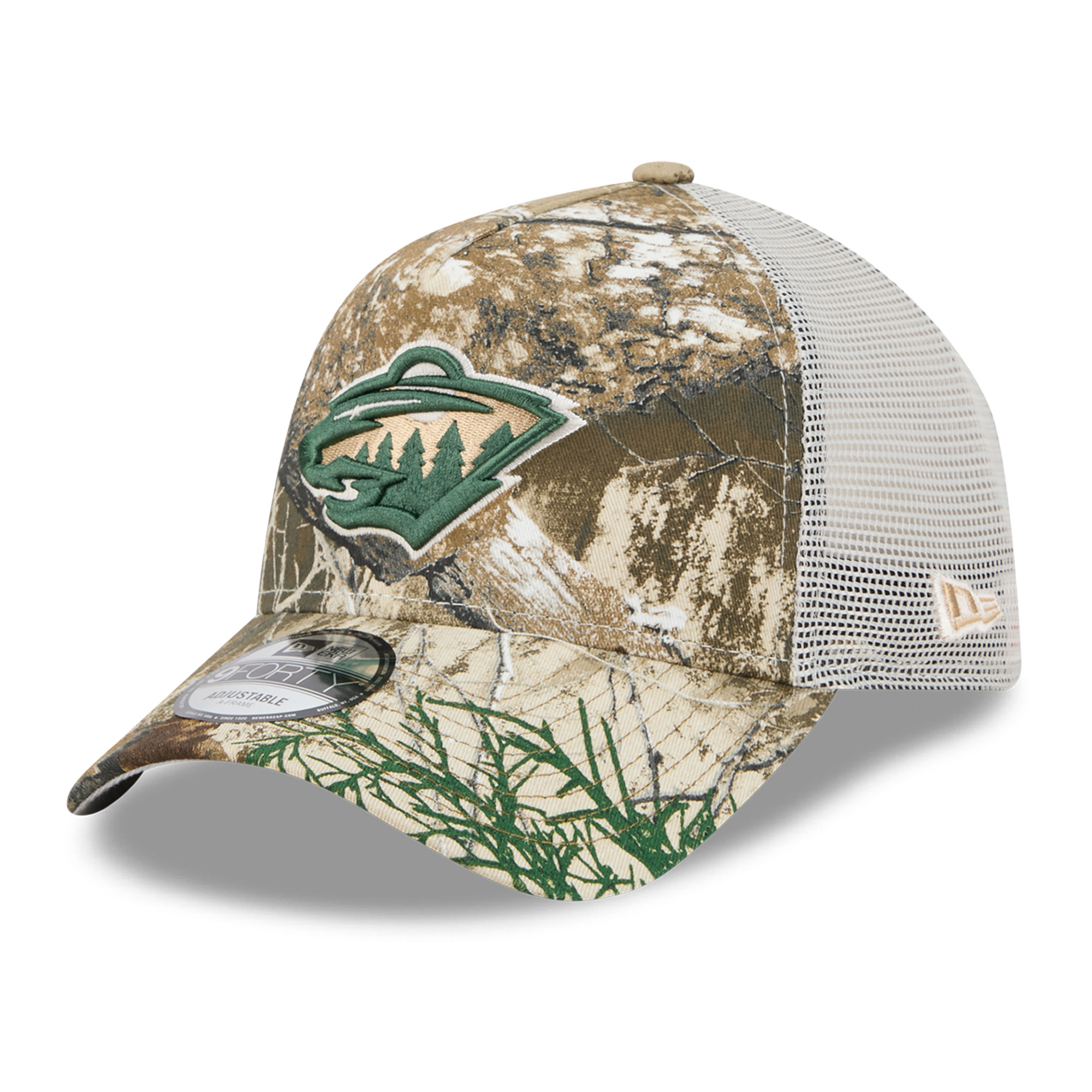 Men's New Era Camo Minnesota Wild Real Tree A-Frame 9FORTY Adjustable Trucker Hat