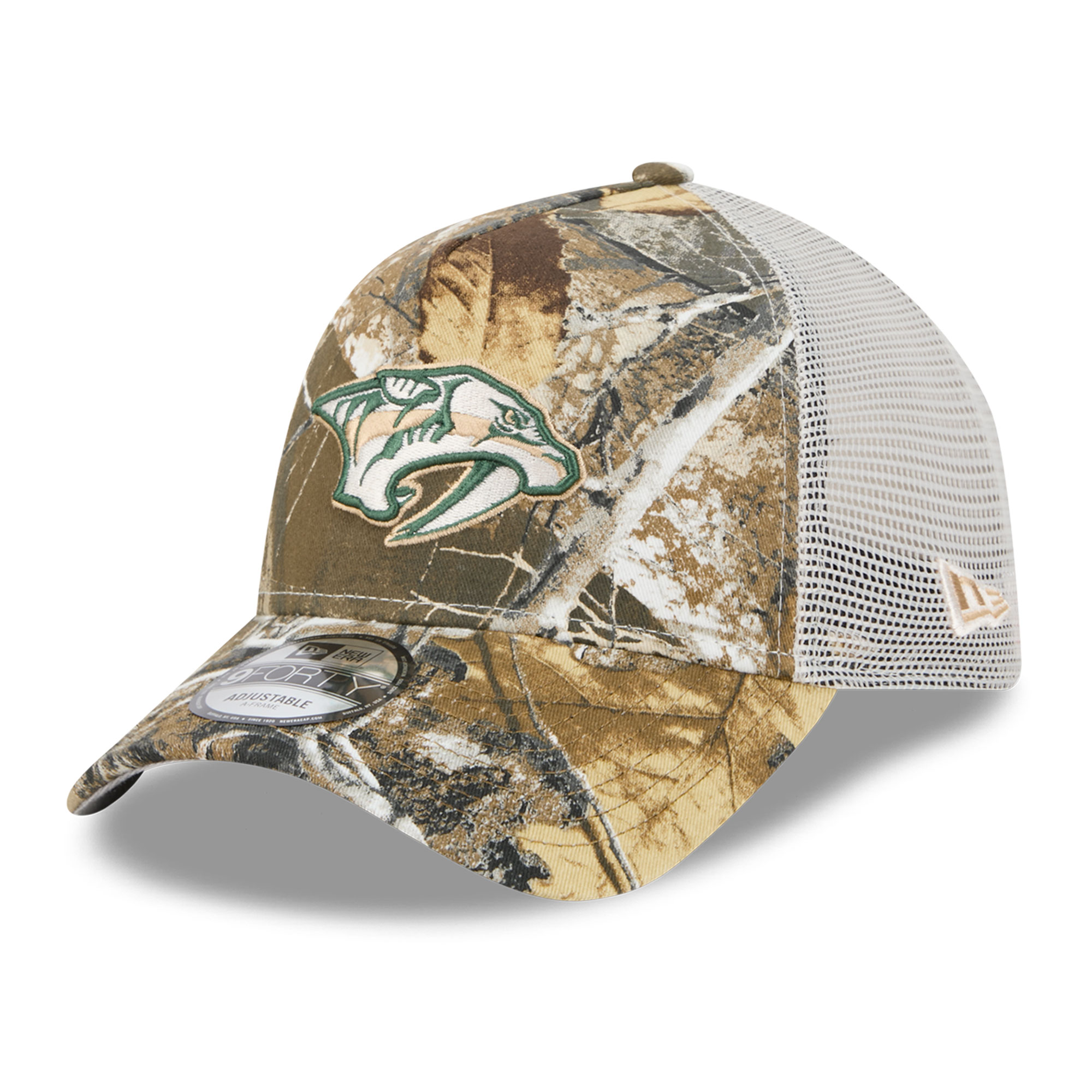 Men's New Era Camo Nashville Predators Real Tree A-Frame 9FORTY Adjustable Trucker Hat