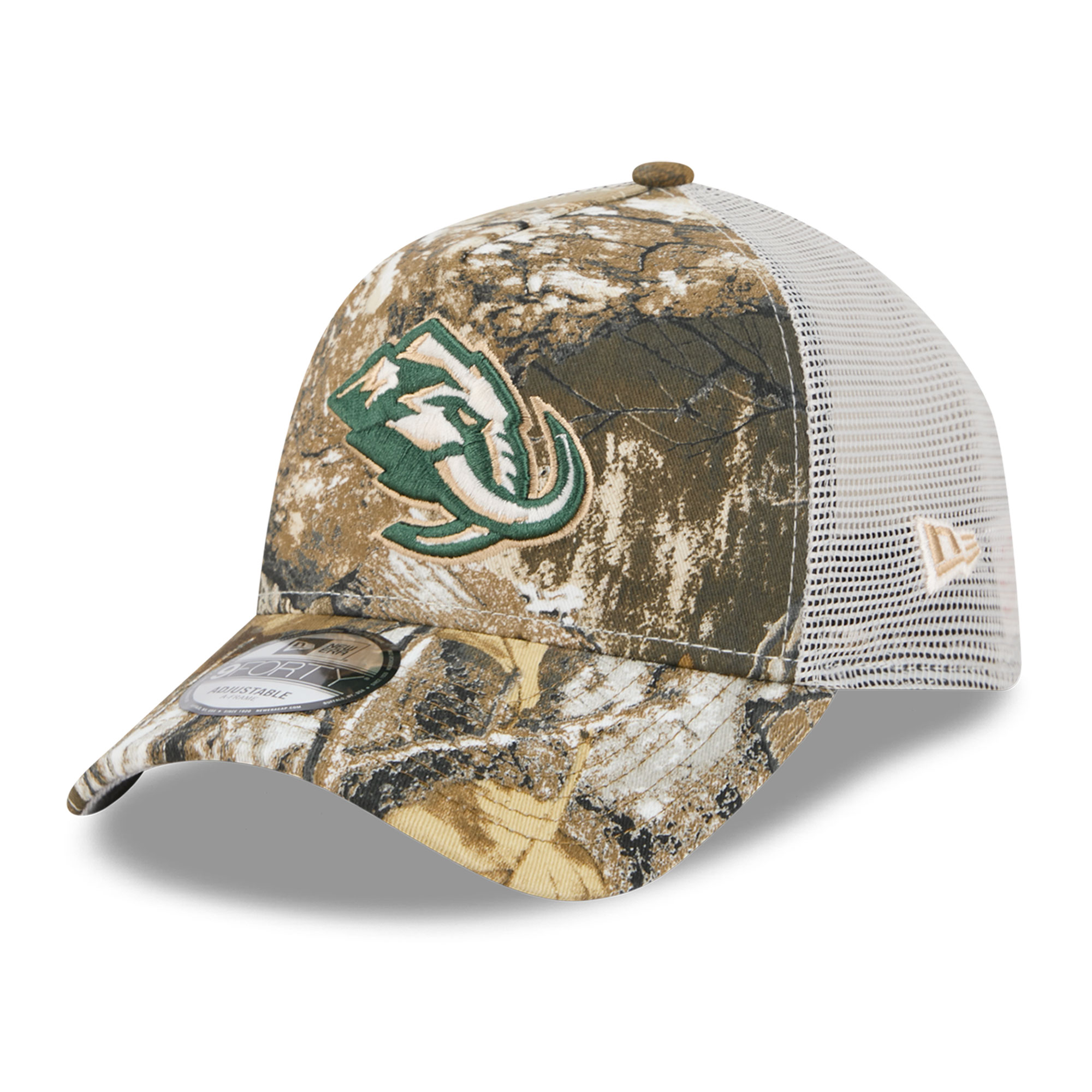 Men's New Era Camo Utah Mammoth Real Tree A-Frame 9FORTY Adjustable Trucker Hat