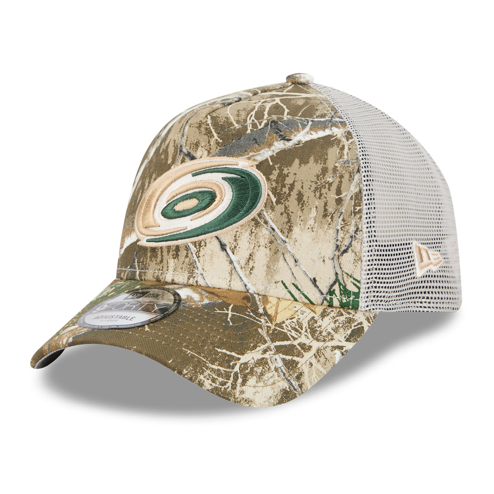 Men's New Era Camo Carolina Hurricanes Real Tree A-Frame 9FORTY Adjustable Trucker Hat