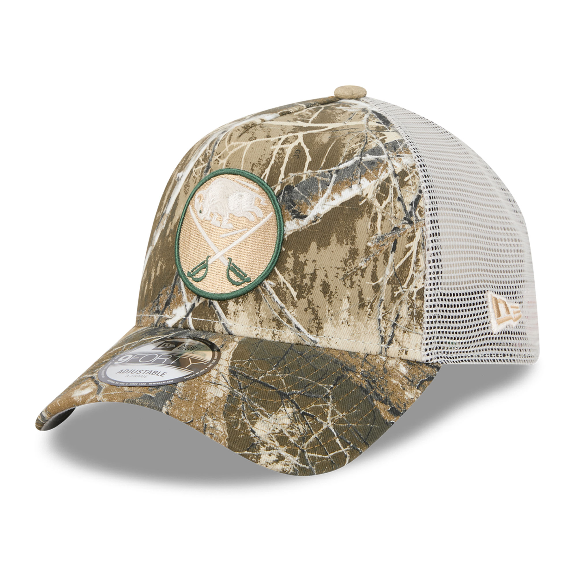 Men's New Era Camo Buffalo Sabres Real Tree A-Frame 9FORTY Adjustable Trucker Hat