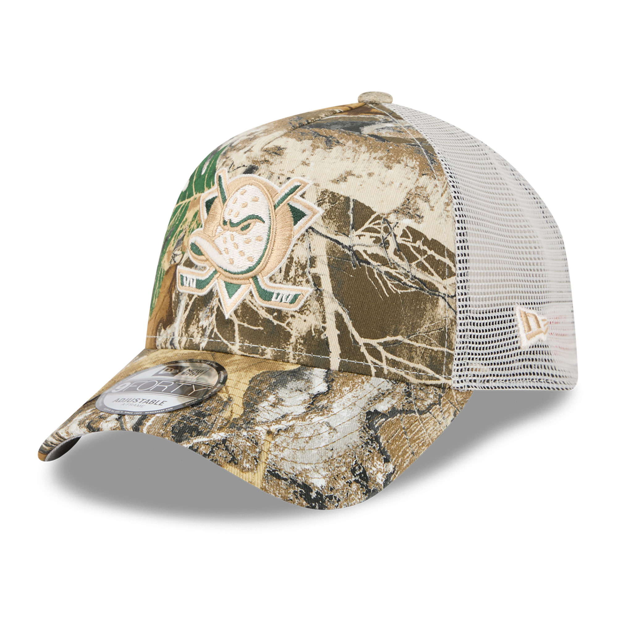 Men's New Era Camo Anaheim Ducks Real Tree A-Frame 9FORTY Adjustable Trucker Hat