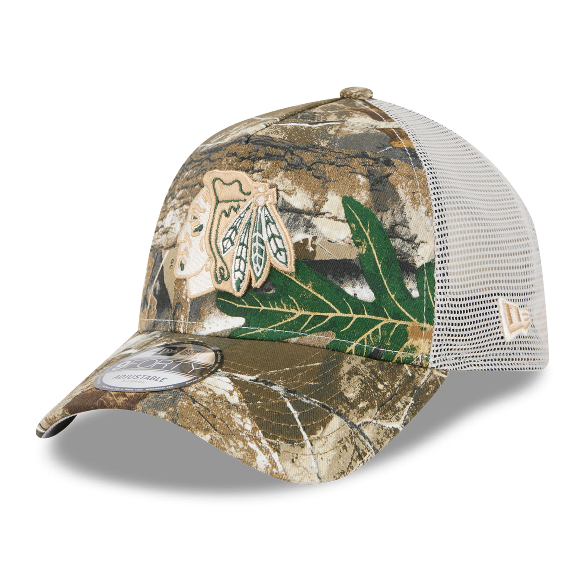 Men's New Era Camo Chicago Blackhawks Real Tree A-Frame 9FORTY Adjustable Trucker Hat