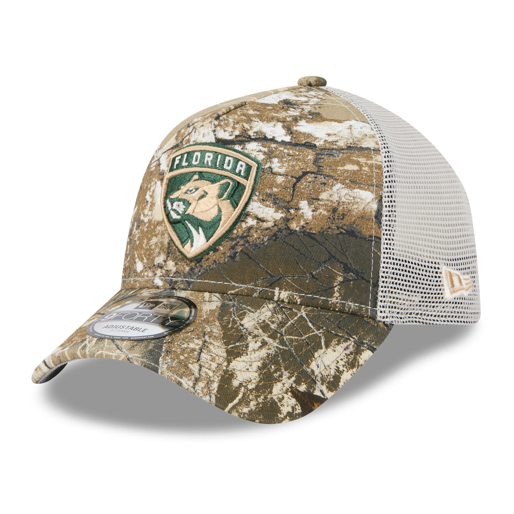 Men's New Era Camo Florida Panthers Real Tree A-Frame 9FORTY Adjustable Trucker Hat