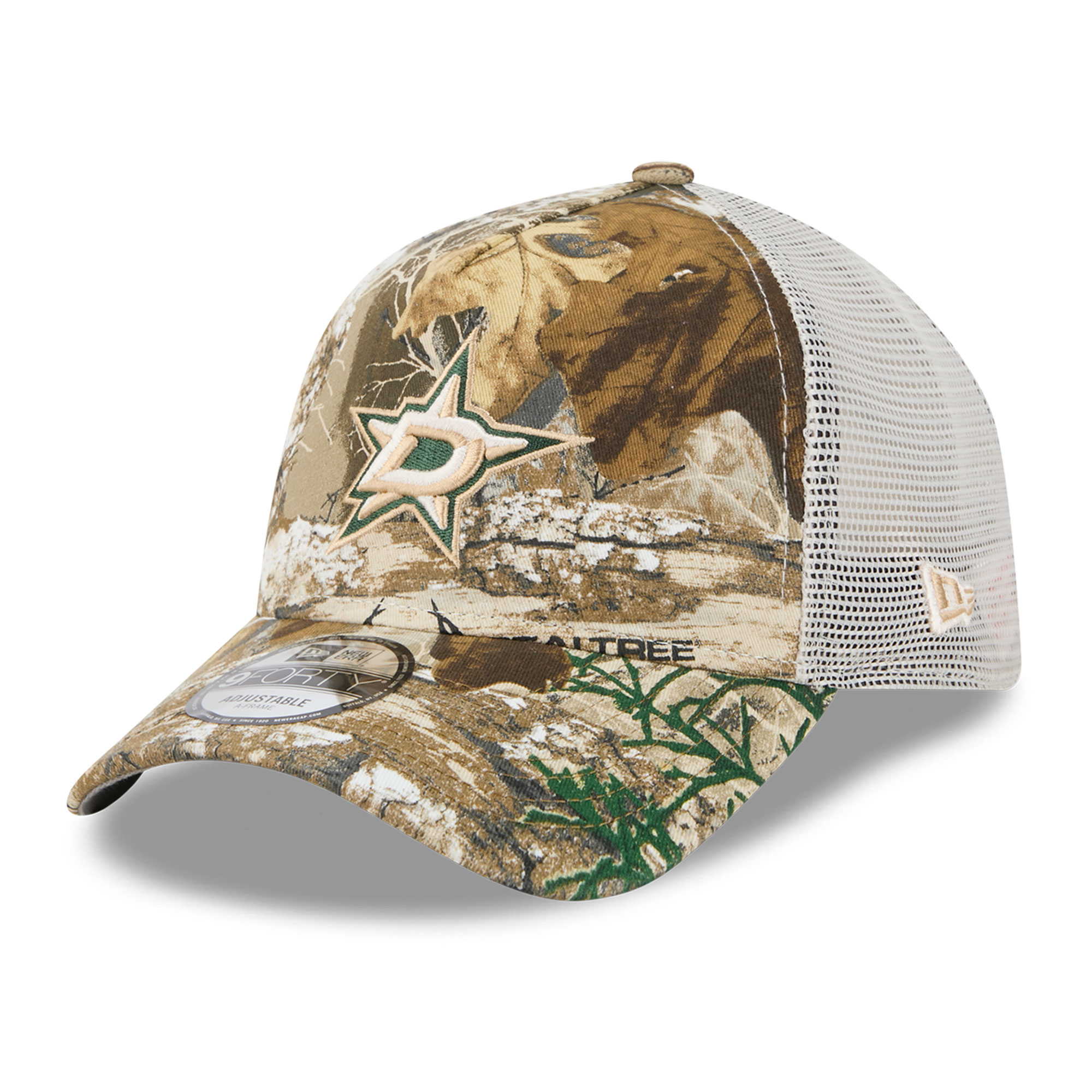 Men's New Era Camo Dallas Stars Real Tree A-Frame 9FORTY Adjustable Trucker Hat