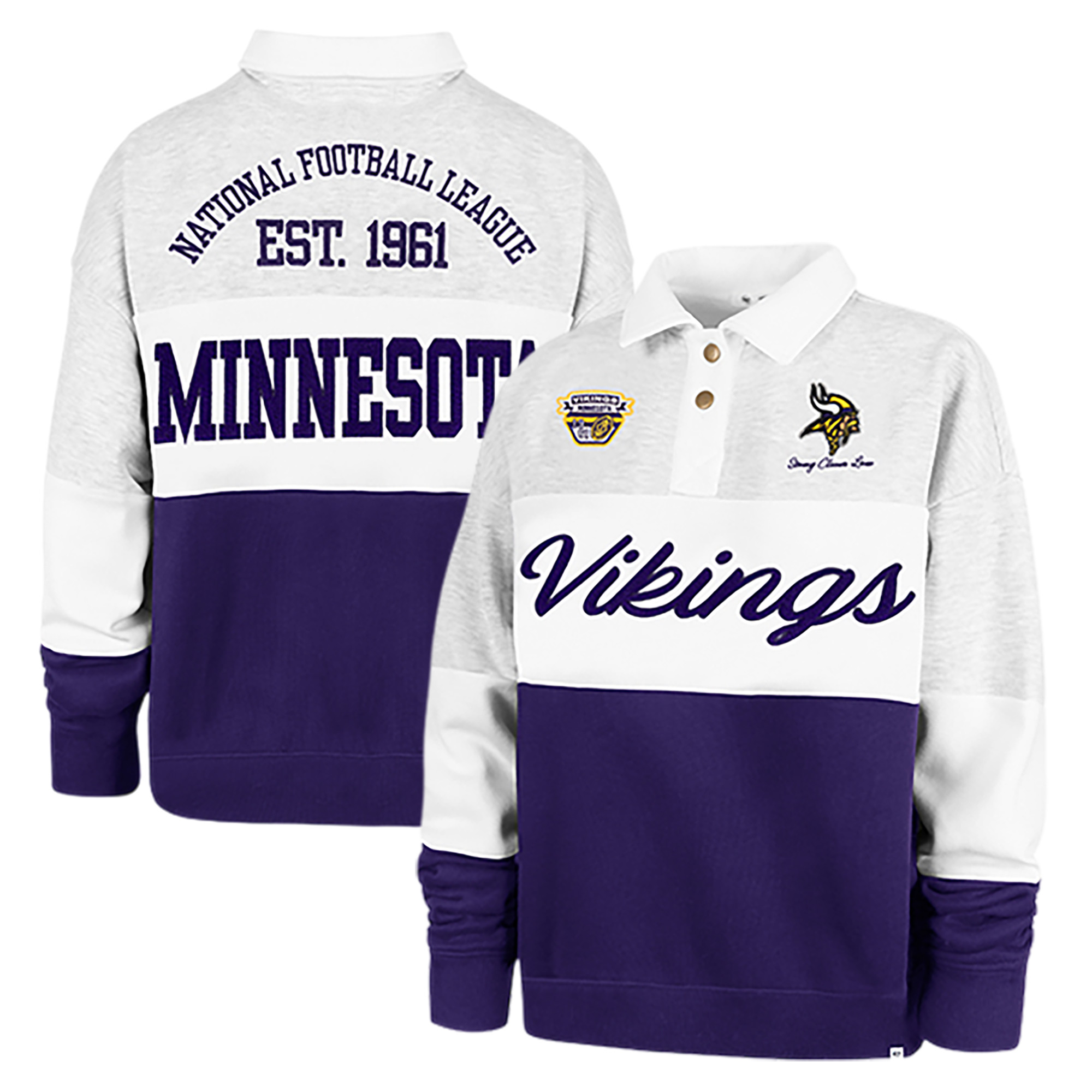 Women's Stoney Clover Lane x '47 Gray/Purple Minnesota Vikings Cursive Paneled Rugby Fleece Shirt