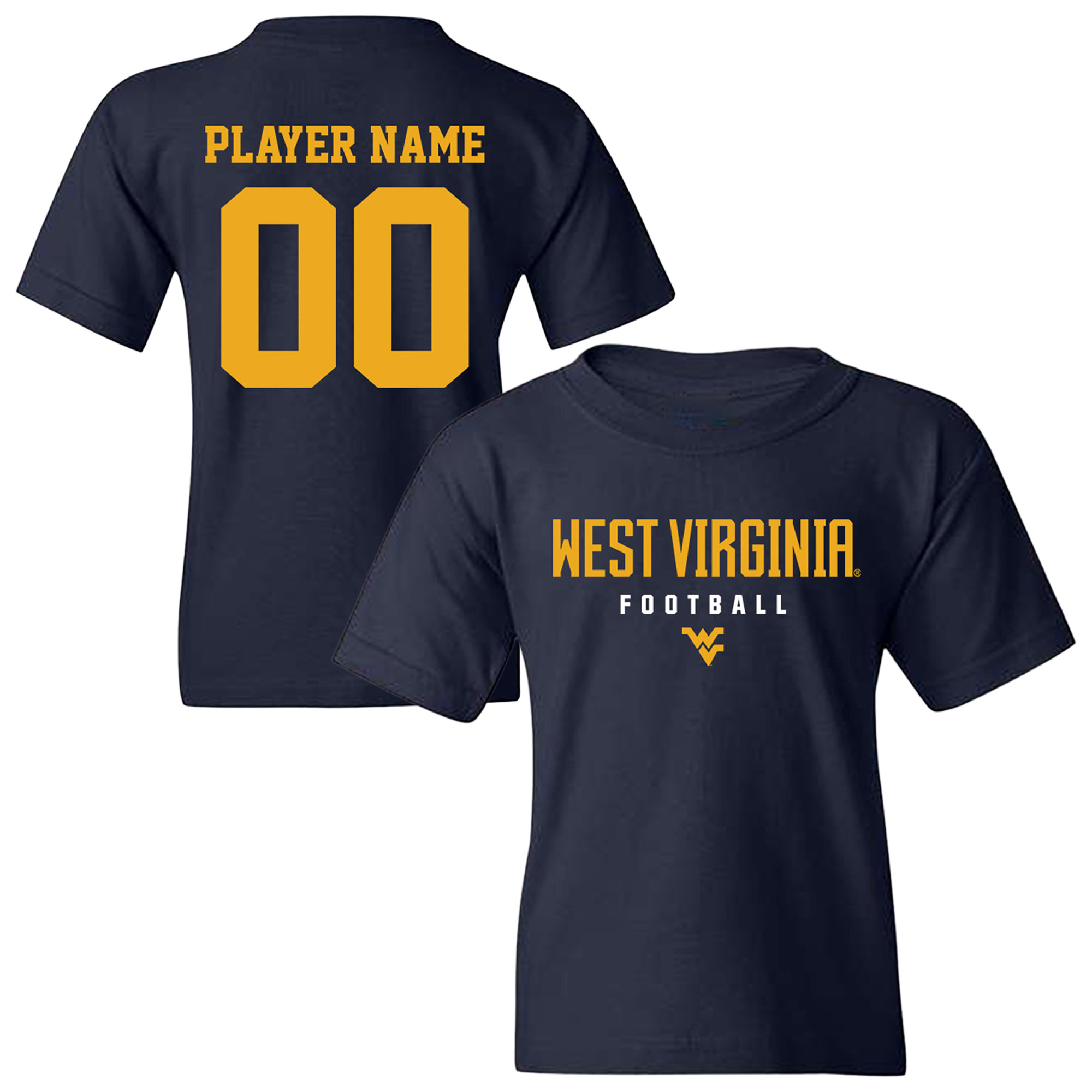 Youth Navy West Virginia Mountaineers NIL Pick-A-Player Football Shirsey T-Shirt