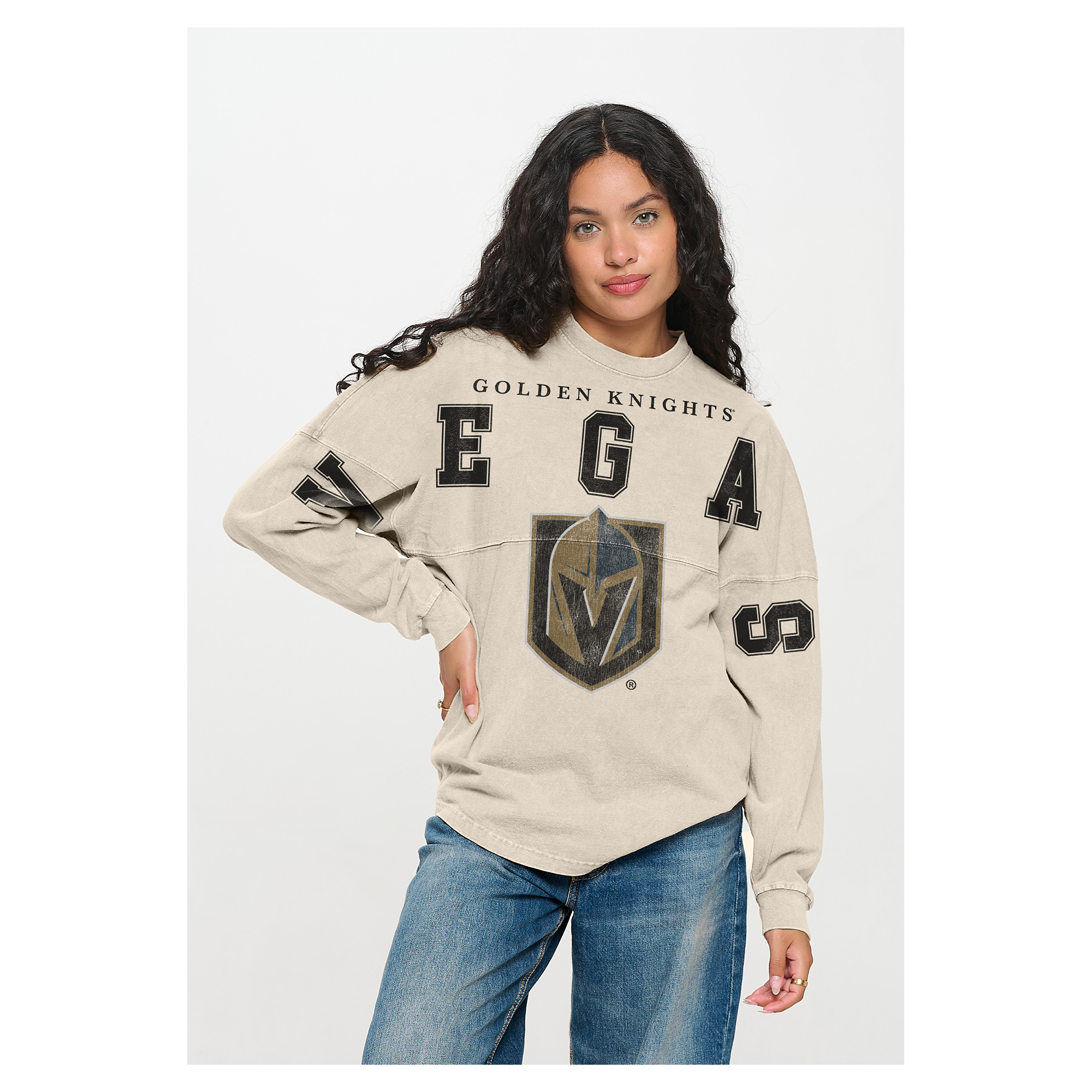 Women's Fanatics  Cream Vegas Golden Knights Oversized Front Print Spirit Jersey Long Sleeve T-Shirt