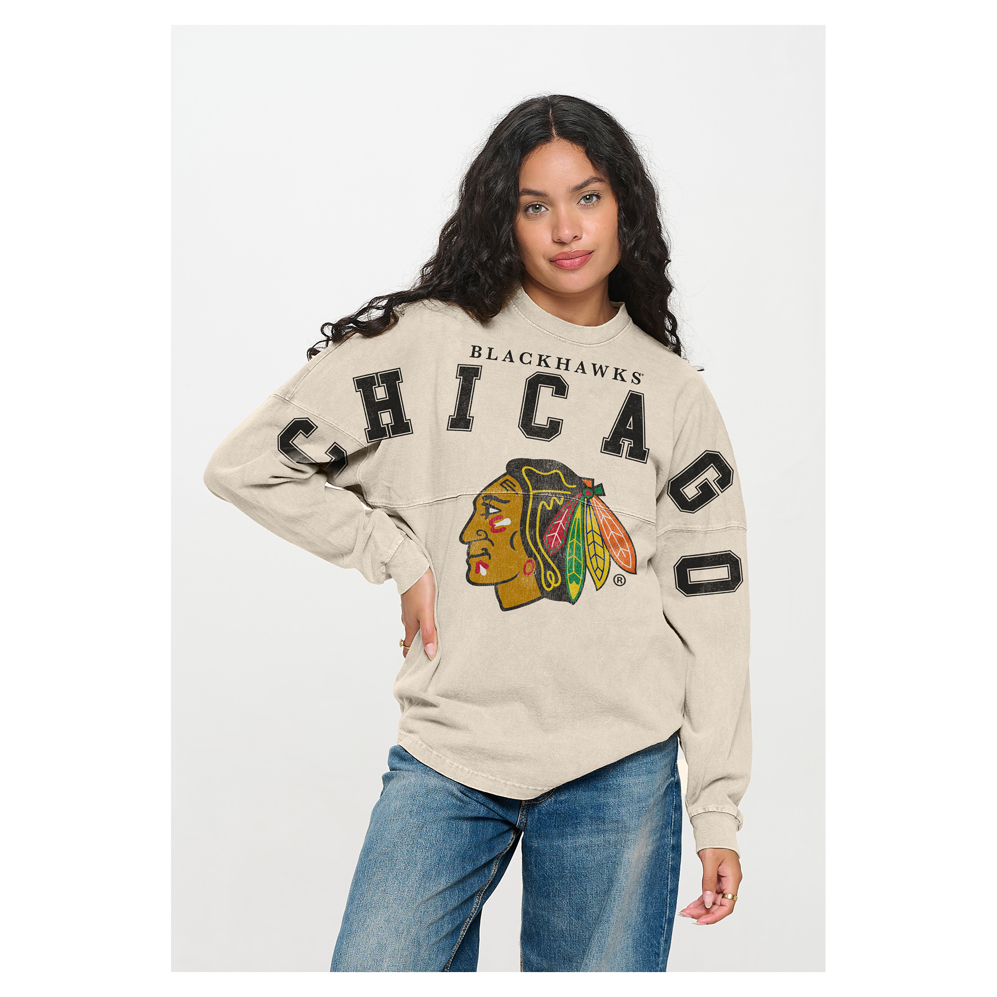 Women's Fanatics  Cream Chicago Blackhawks Oversized Front Print Spirit Jersey Long Sleeve T-Shirt