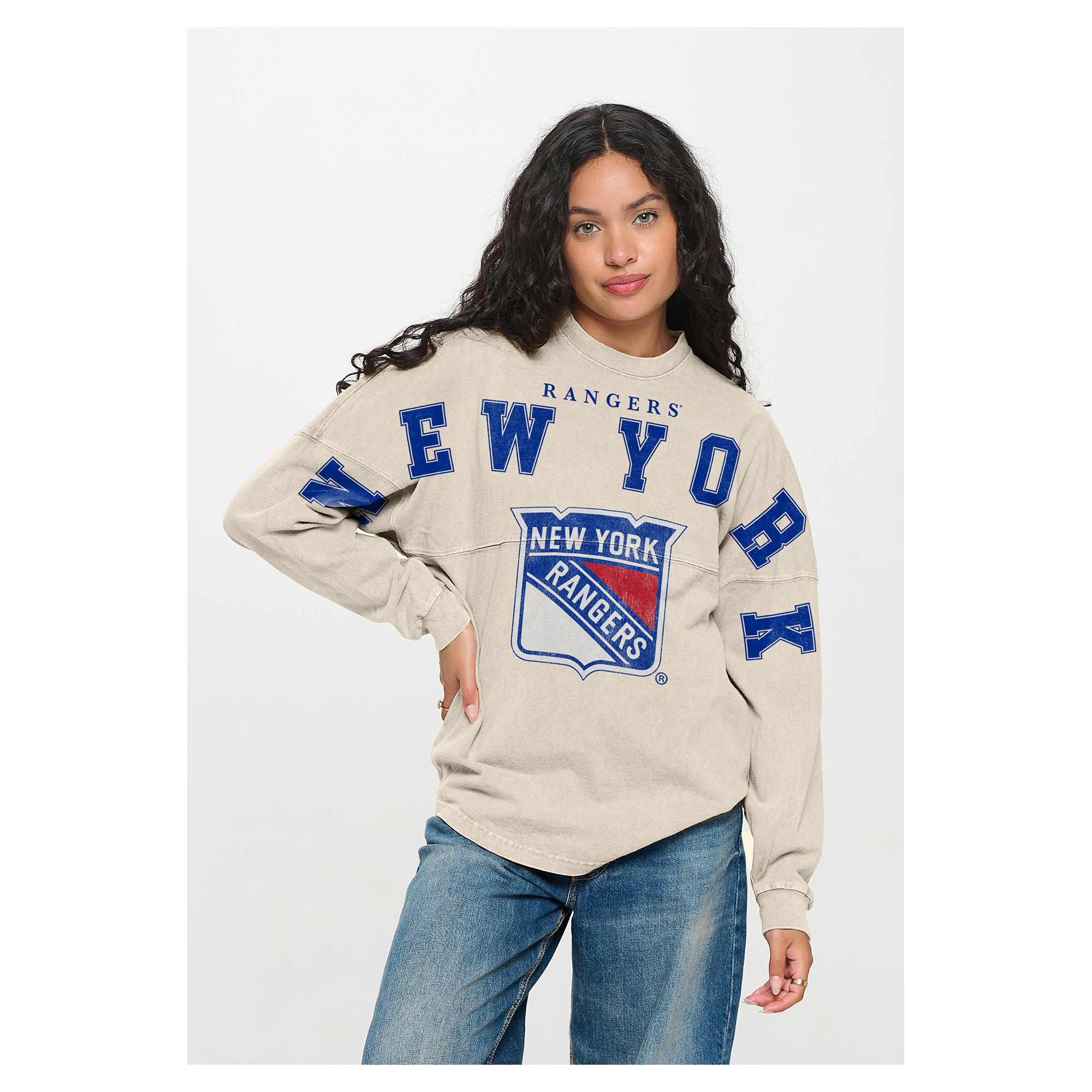 Women's Fanatics  Cream New York Rangers Oversized Front Print Spirit Jersey Long Sleeve T-Shirt