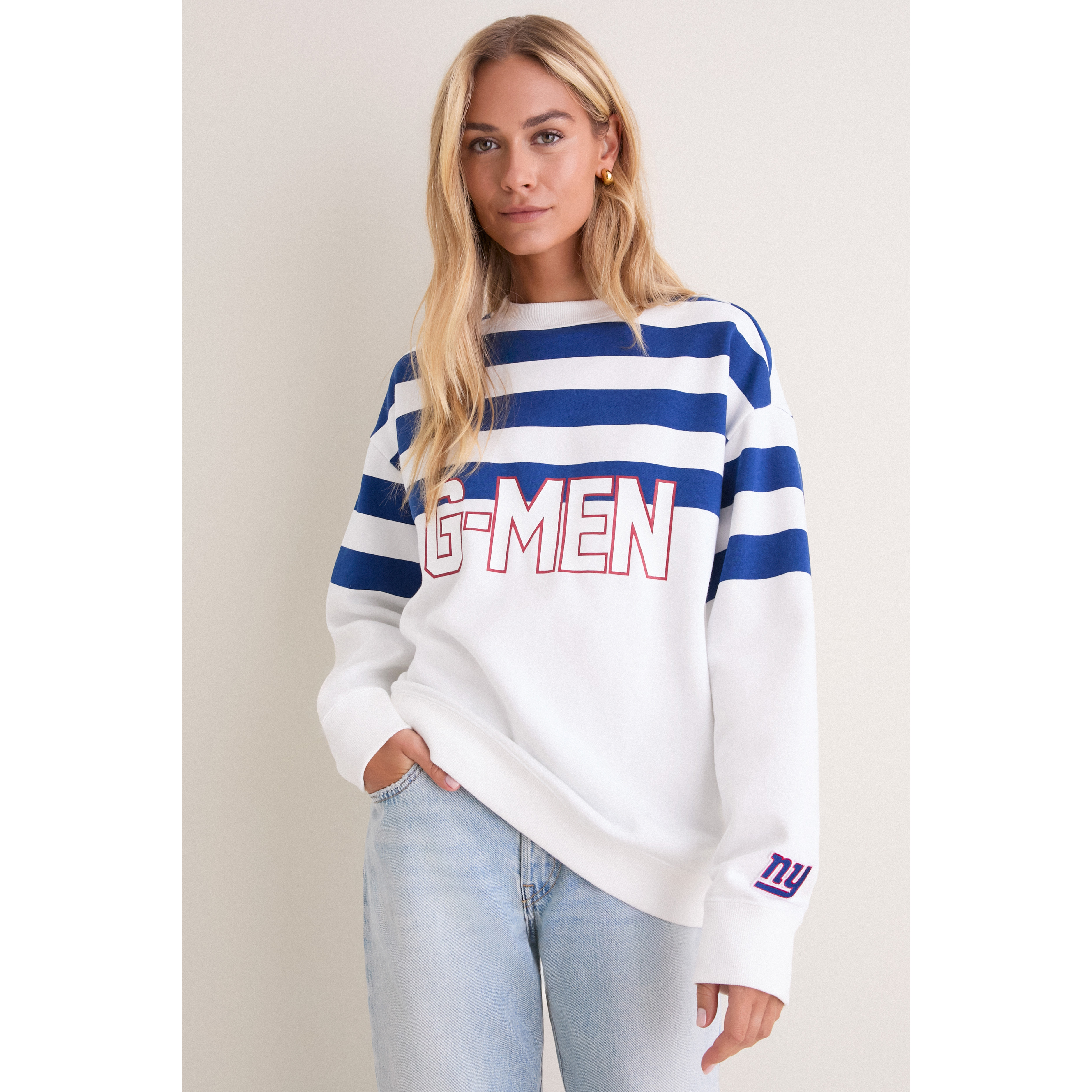 Women's Tuckernuck White/Blue New York Giants Stripe Sweatshirt