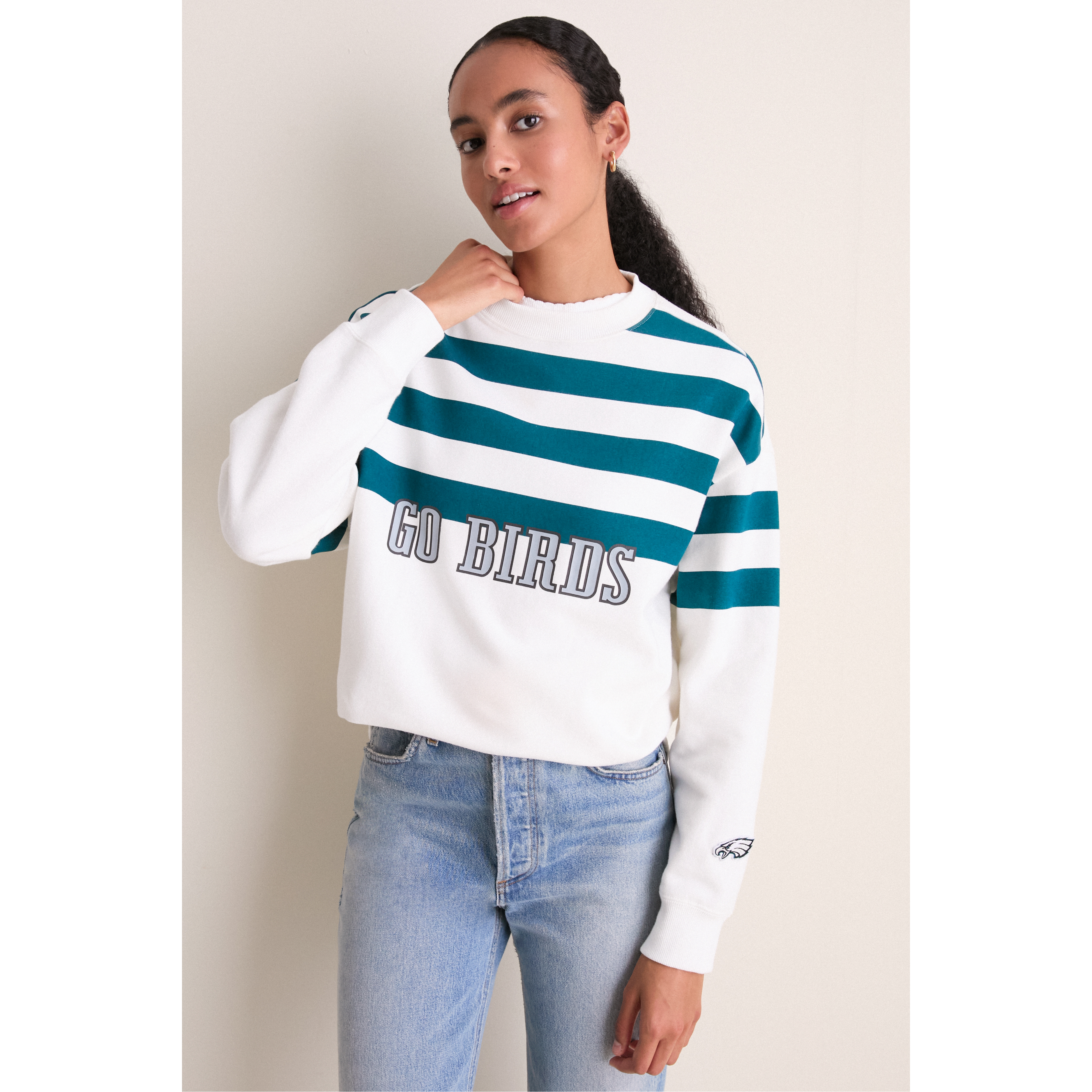 Tuckernuck Women's White/Midnight Green Philadelphia Eagles Stripe Sweatshirt - White, Midnight Green