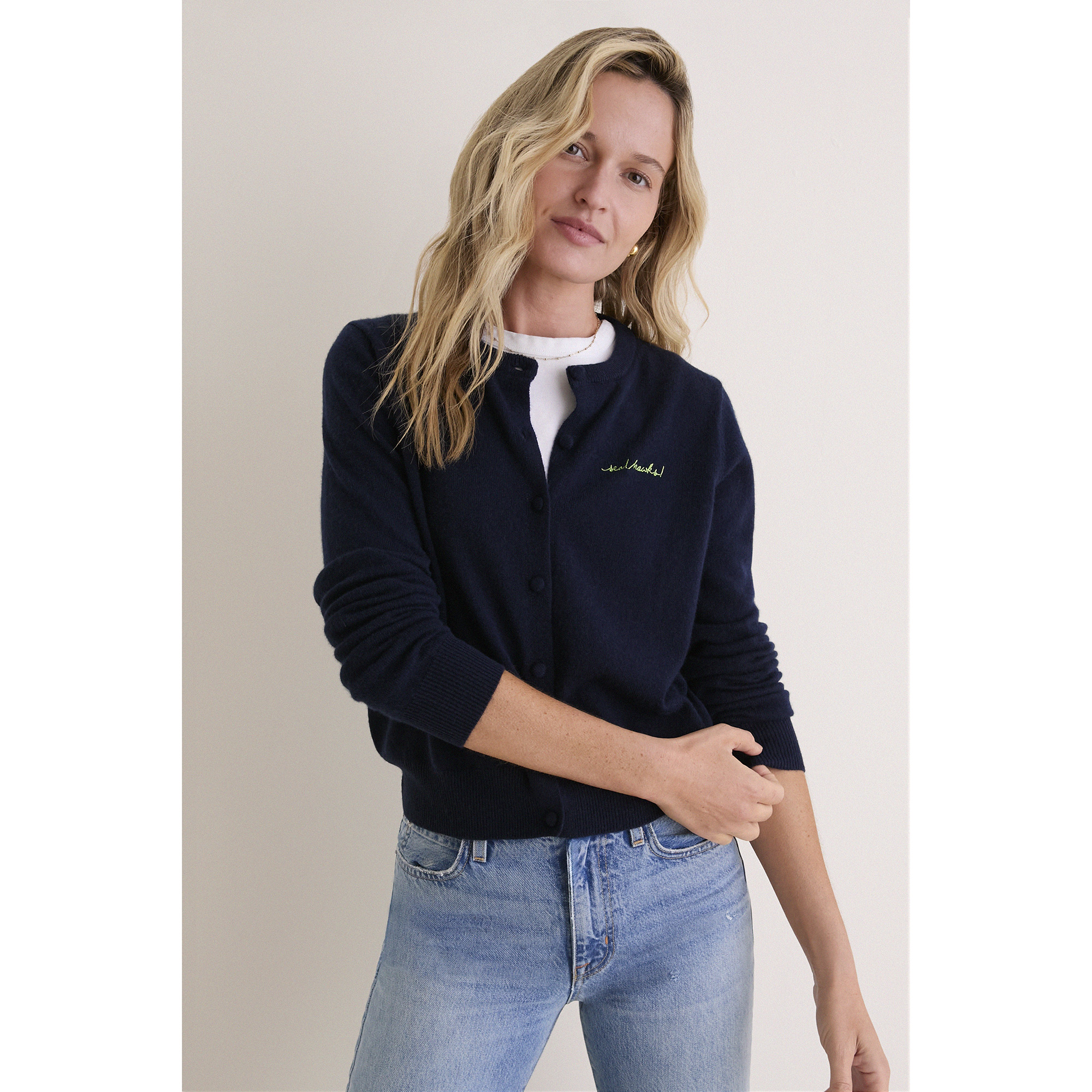 Women's Tuckernuck College Navy Seattle Seahawks Full-Button Cashmere Cardigan