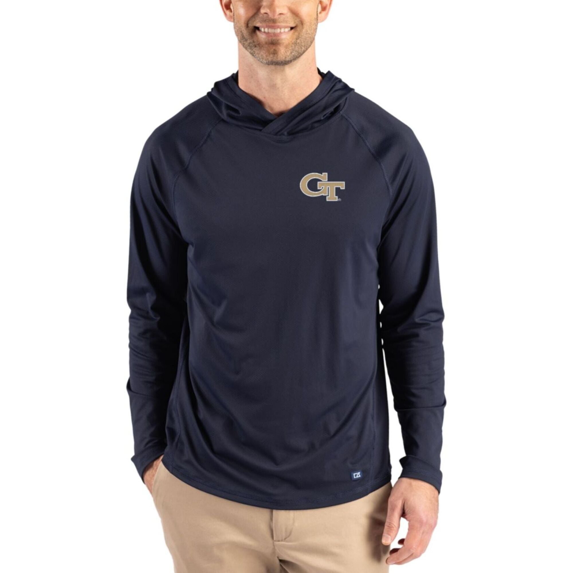 Men's Cutter & Buck Navy Georgia Tech Yellow Jackets Prospect Recycled Featherlight Stretch Hoodie