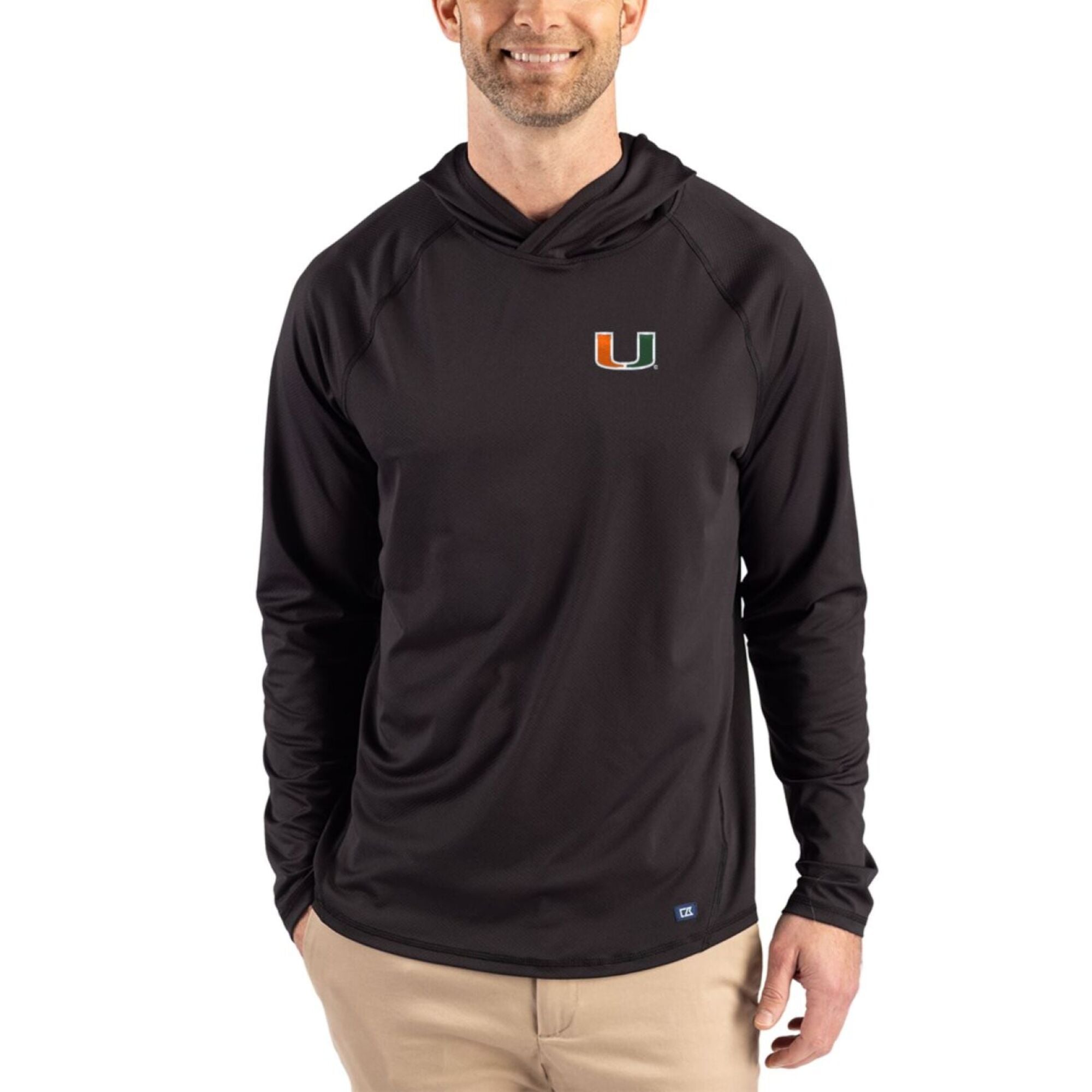 Men's Cutter & Buck Black Miami Hurricanes Prospect Recycled Featherlight Stretch Hoodie