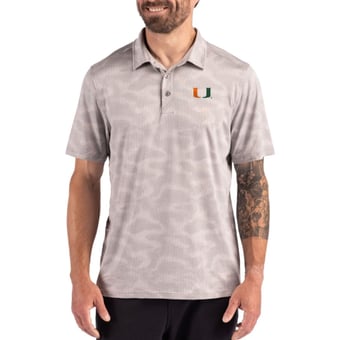 Men's Cutter & Buck Gray Miami Hurricanes Coastline Recycled Double-Peached Camo Polo