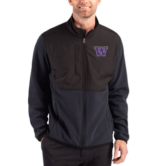 Men's Cutter & Buck Black Washington Huskies Hunts Point Epic Comfort Recycled Fleece Hybrid Full-Zip Jacket