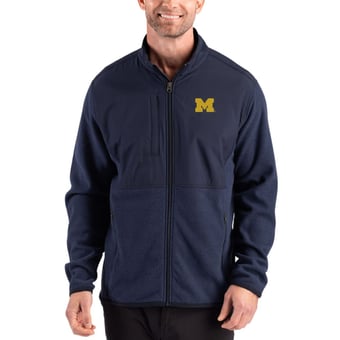 Men's Cutter & Buck Navy Michigan Wolverines Hunts Point Epic Comfort Recycled Fleece Hybrid Full-Zip Jacket