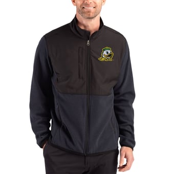 Men's Cutter & Buck Black Oregon Ducks Hunts Point Epic Comfort Recycled Fleece Hybrid Full-Zip Jacket