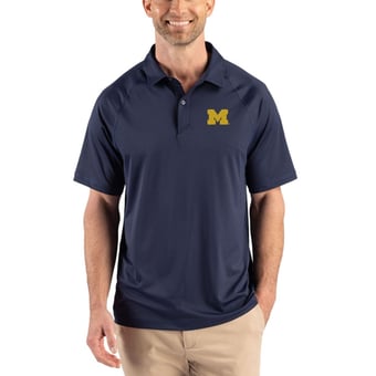 Men's Cutter & Buck Navy Michigan Wolverines Recycled Featherlight Stretch Sport Polo
