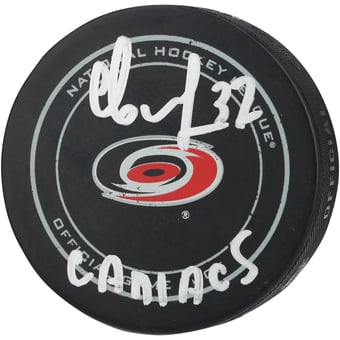 Andrei Svechnikov Carolina Hurricanes Autographed Old Model Official Game Puck with "Caniacs" Inscription