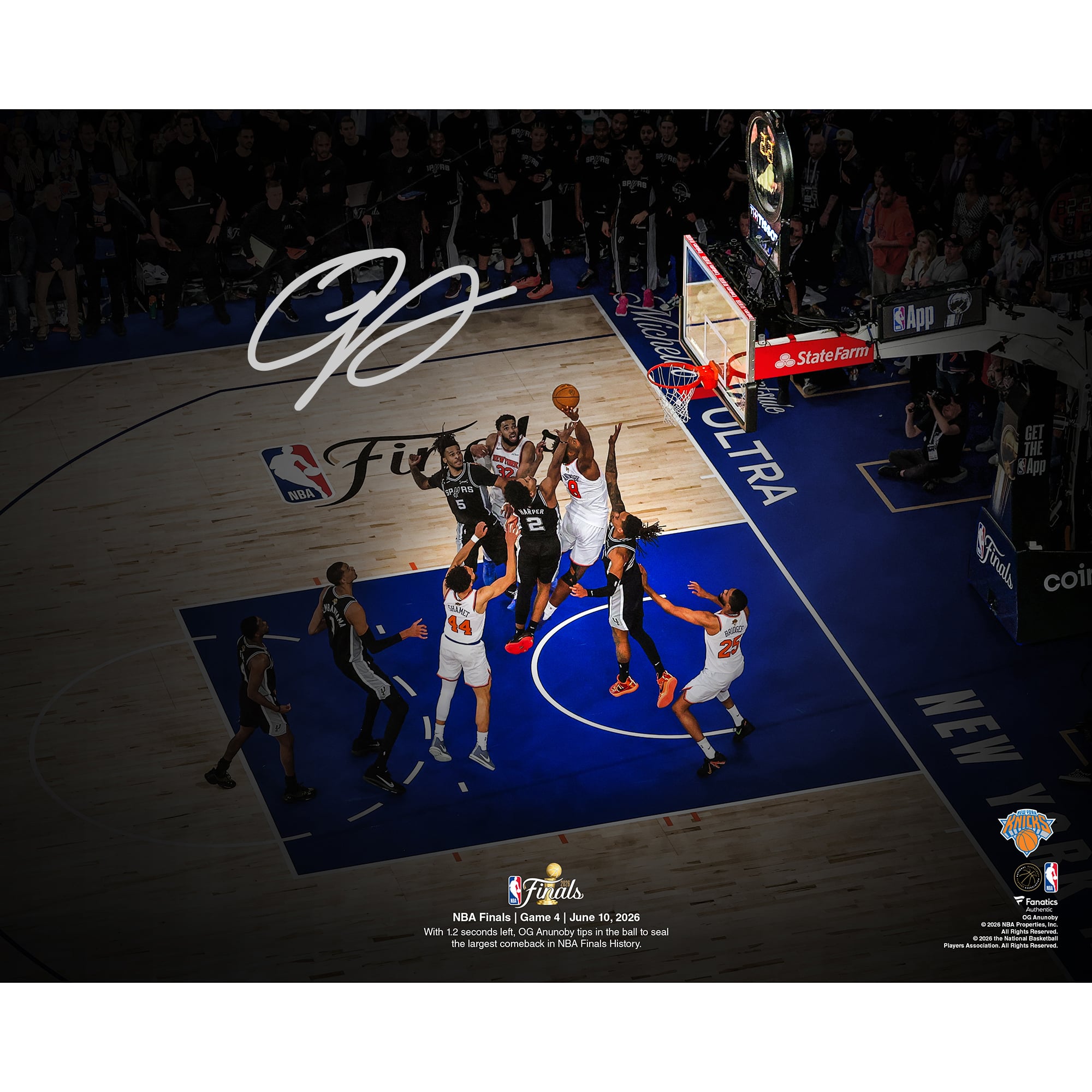 OG Anunoby New York Knicks Autographed 16" x 20" 2026 NBA Finals Game 4 Winning Tip-In Spotlight Photograph