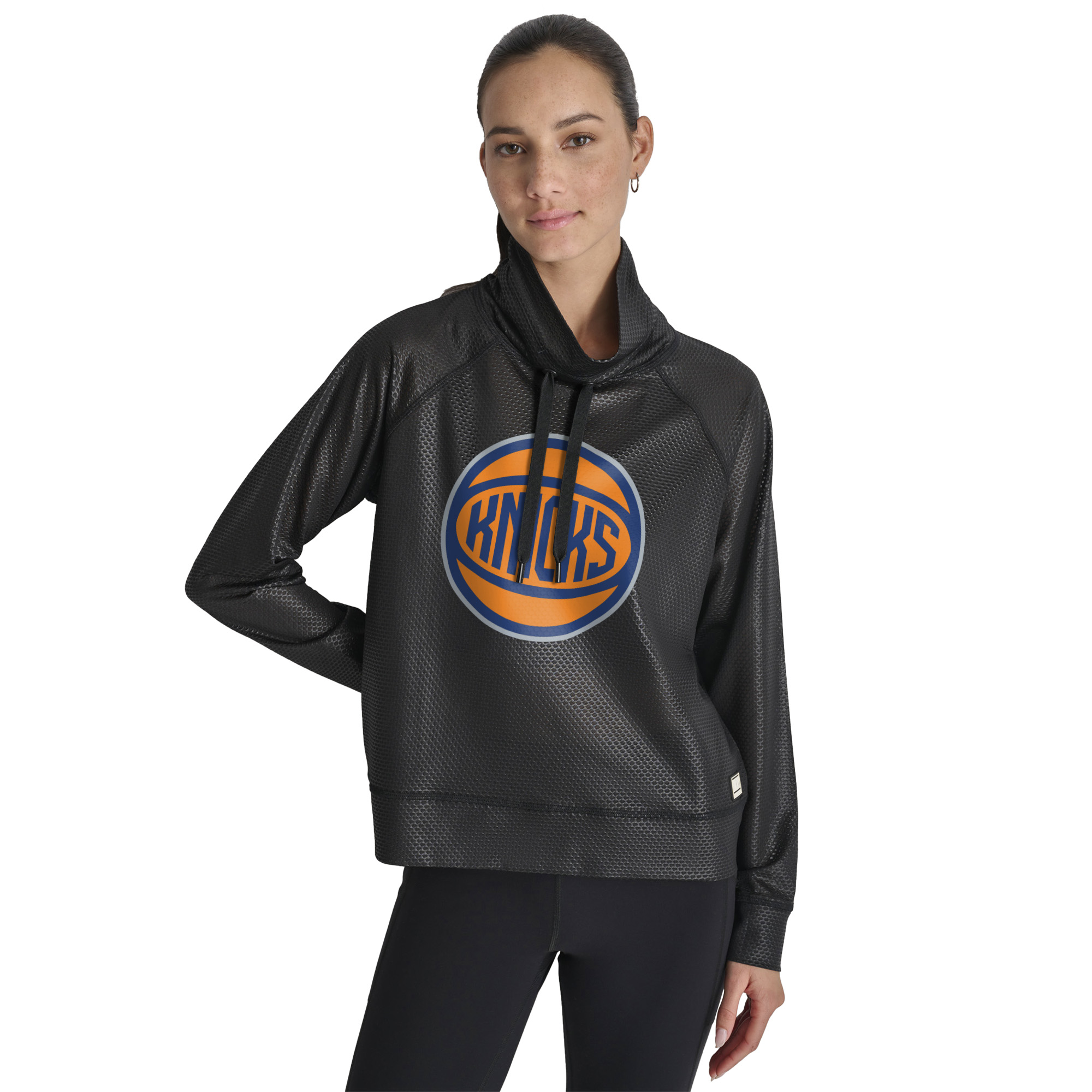 Women's DKNY Black New York Knicks Honeycomb Mesh Funnel Neck Long Sleeve Top