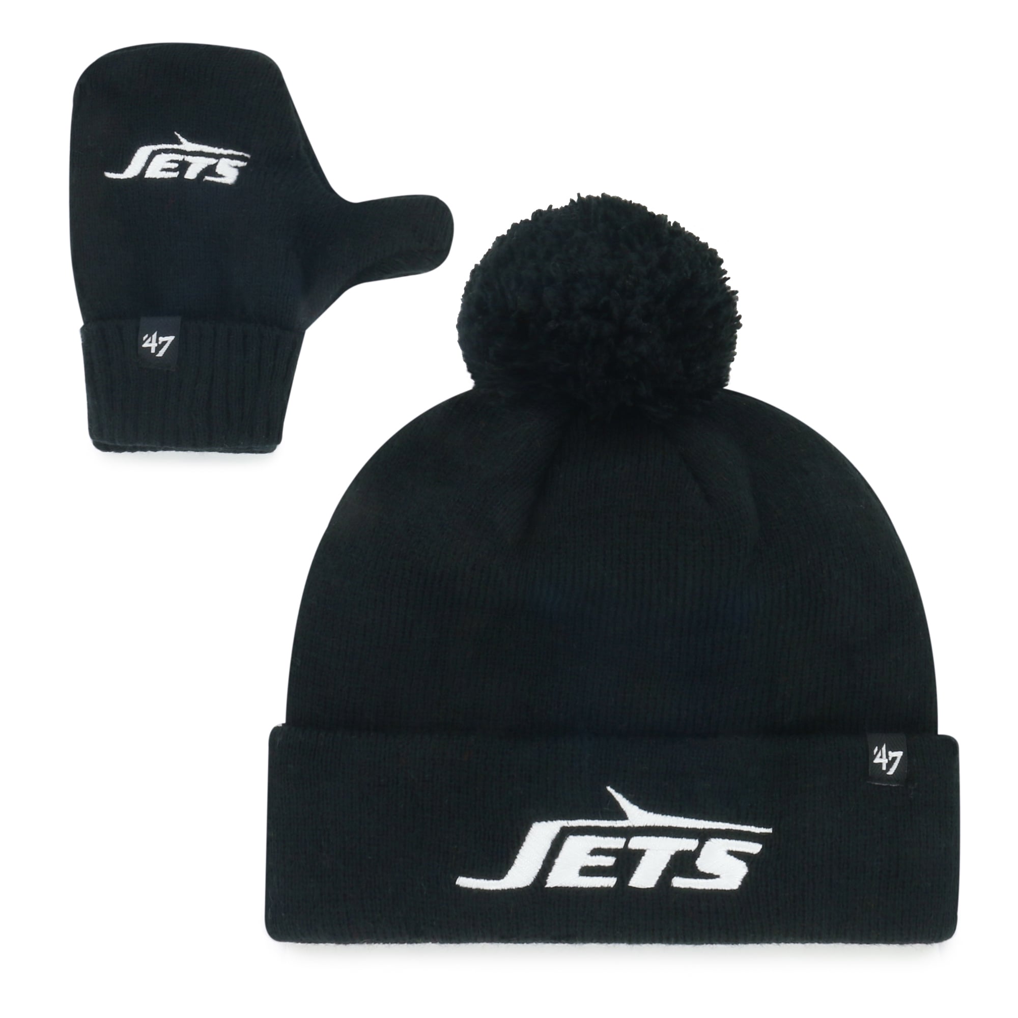 Toddler '47 Black New York Jets Bam Bam Cuffed Knit Hat with Pom & Mittens Set
