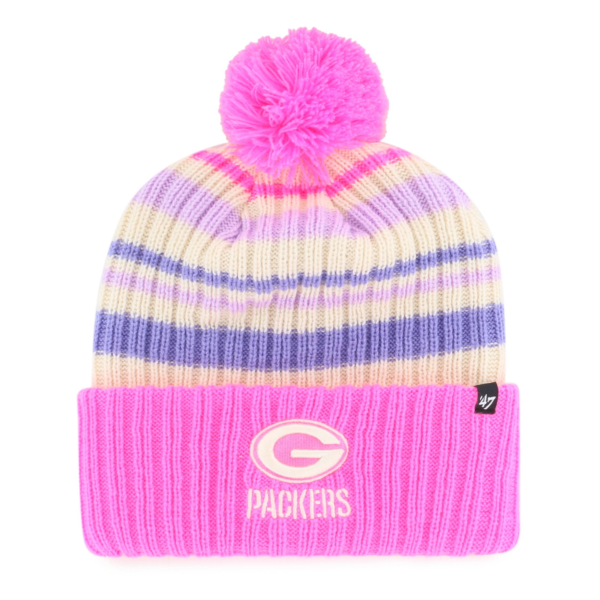 '47 Brand Big Boys' and Girls' Pink Green Bay Packers Snow Fort Cuffed Knit Pom Hat - Pink
