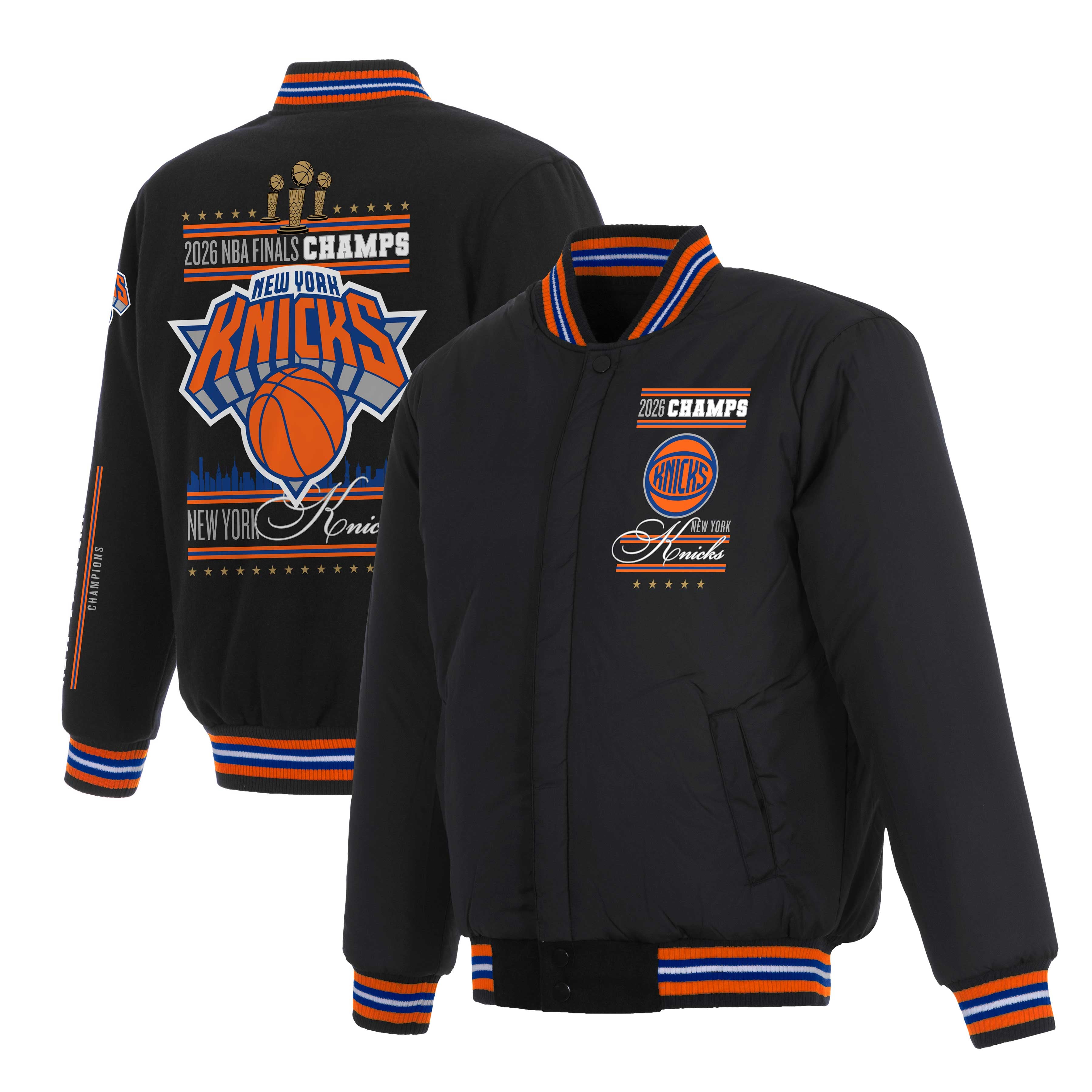Youth JH Design Black New York Knicks 2026 NBA Finals Champions Reversible Wool Full-Snap Jacket