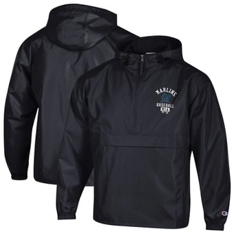 Men's Champion  Black Miami Marlins Packable Windbreaker Half-Zip Jacket